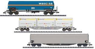 MINITRIX coffret de 3 wagons de fret (citerne+plat avec conteneurs+baché) Wagons