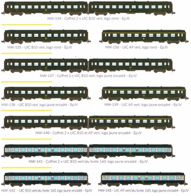 REE/MIKADOTRAIN Set de 2 voitures UIC B10 vertes logo jaune encadré SNCF ep IV Echelle N