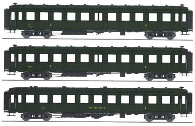 REE set de 3 voitures Bacalan SNCF ep IIIb ( 2 x B11myfi + Buffet B3r) Echelle HO