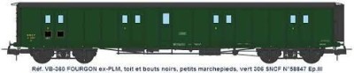 REE Fourgon à bogies ex PLM vert 306 toit noir SNCF ep III Echelle HO