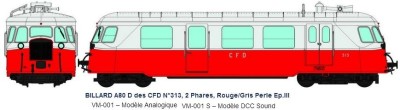 REE autorail billard des CFD n°313 2 phares rouge/gris EP III analogique(essieux HOm+HOe) HO scale