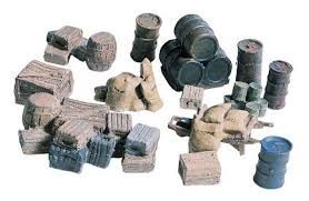 WOODLAND SCENICS crates-barrels-sacks (metal to be painted) HO scale